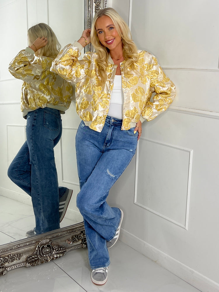 3D Floral Bomber Jacket - Yellow/ Gold