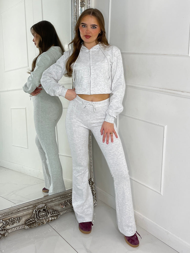 Crop Hoodie & Seam detail Flared Pants - Light Grey