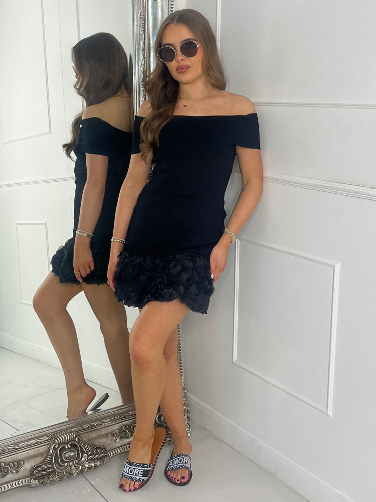 Mesh Ruffle Bottom Off Shoulder Dress - Black