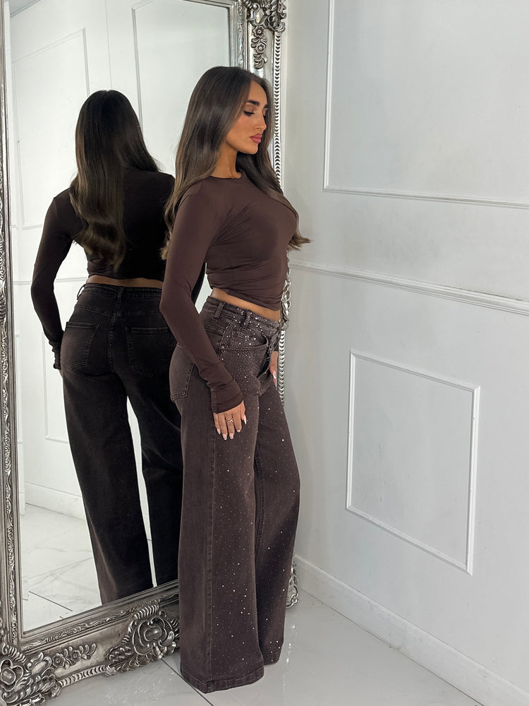 Asymmetric Waist Ombre Diamante Detail Wide Leg Jeans - Brown