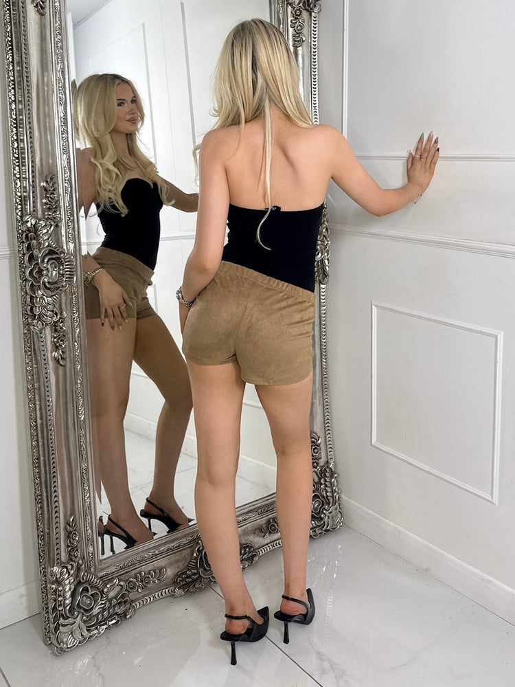 Plain Low Waist Suede Shorts - Tan