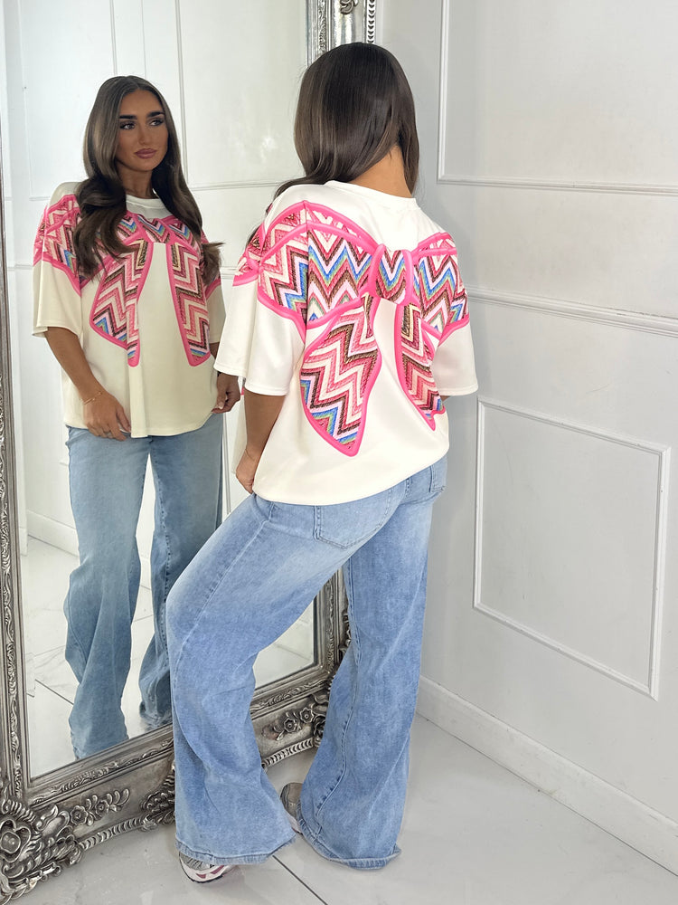 Oversized Printed Bow Print T-Shirt - Pink/Cream
