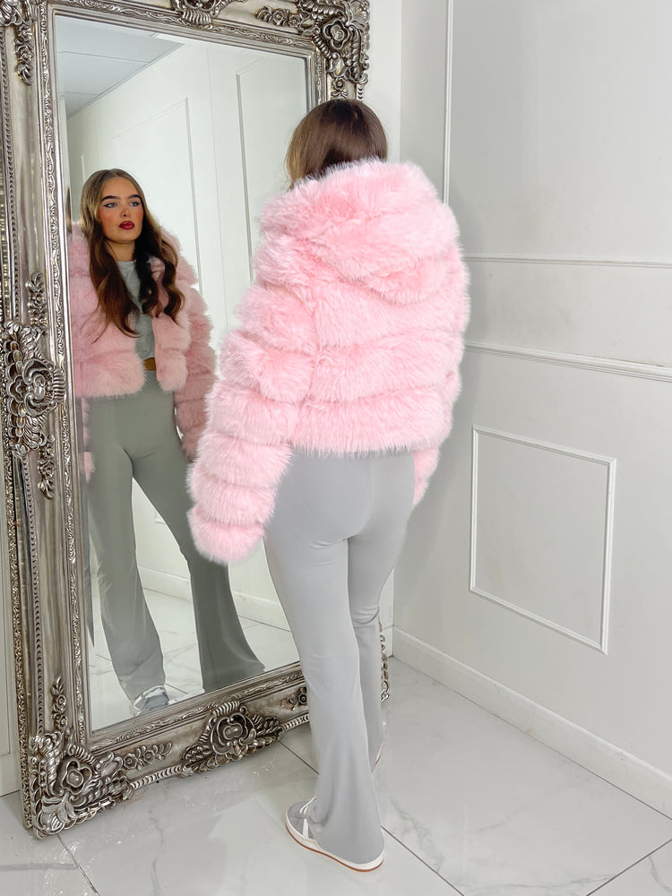 Hooded Faux Fur Tiered Jacket - Baby Pink