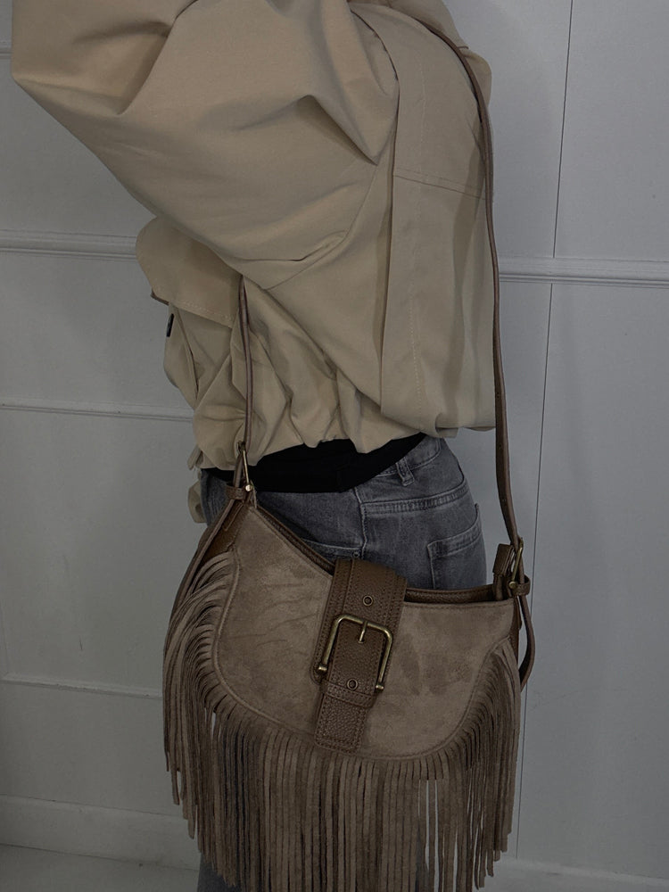 Suede Tassel Leather Strap Detail Shoulder Bag - Beige