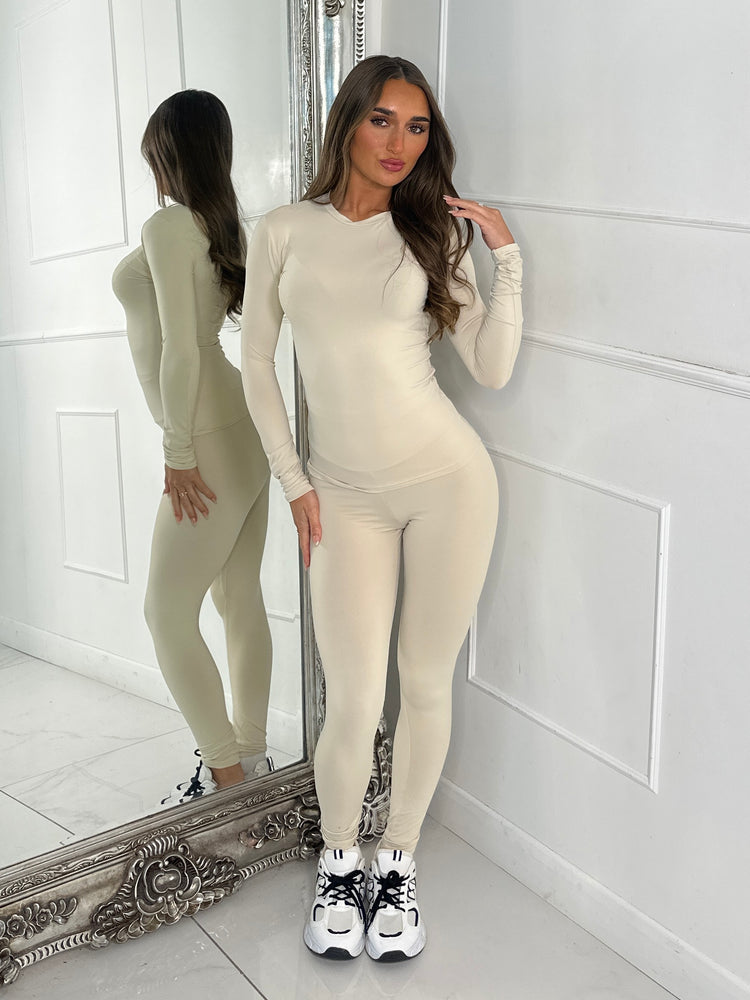 Round Neck Long Sleeve Second Skin Top & Sculpt Panel Leggings - Light Beige