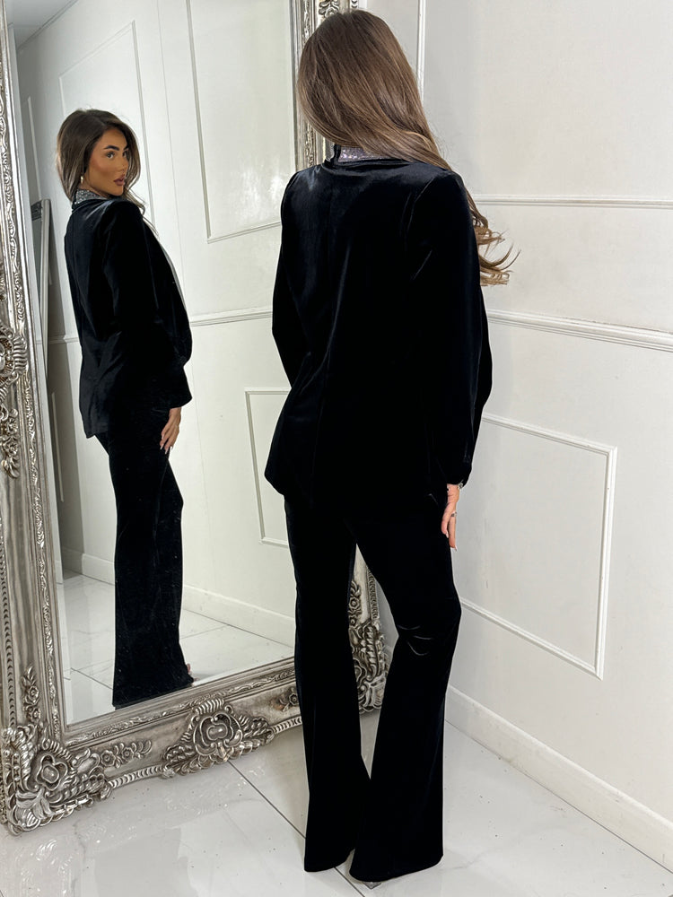 Velvet Blazer With Diamante Detail Collar - Black/Silver