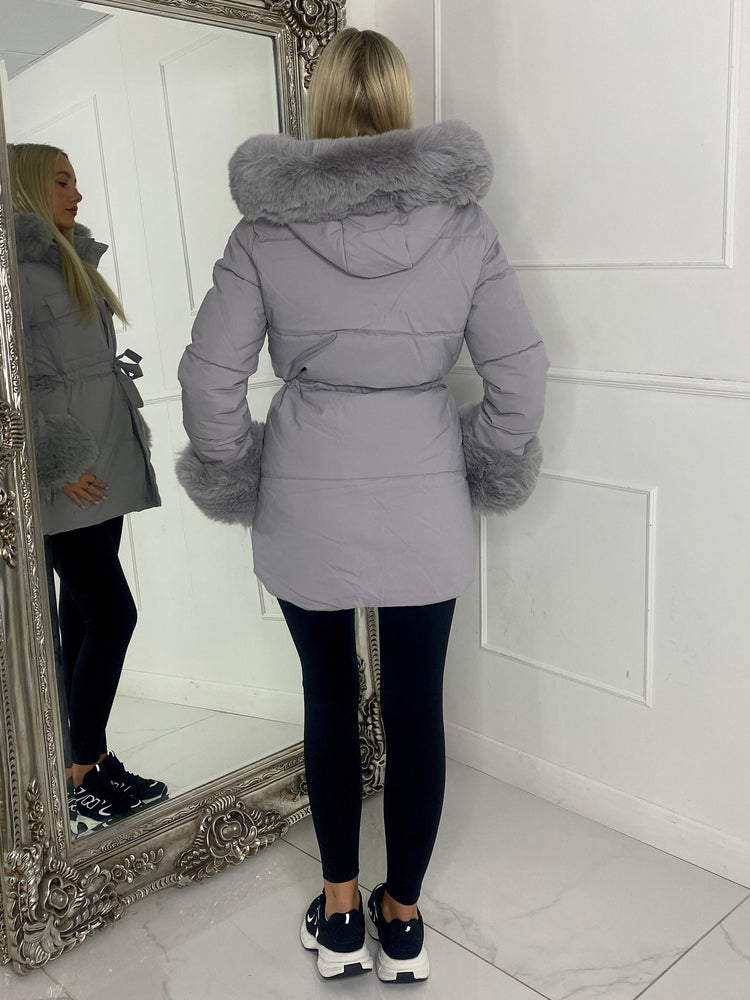 Fur Hood Trim Detail Longline Jacket - Grey
