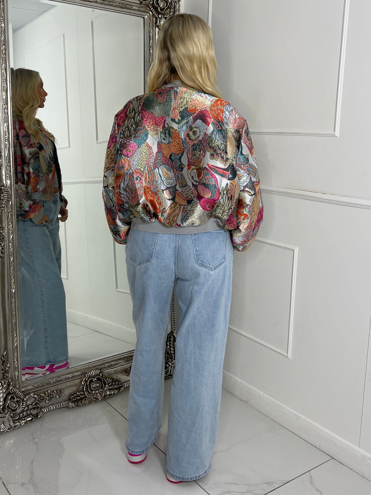 3D Floral Parrot Print Bomber Jacket - Multicoloured