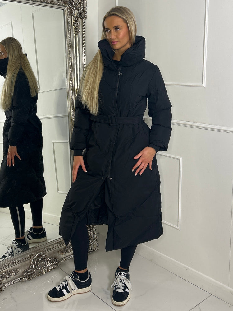 Long Length Padded Belted Coat - Black