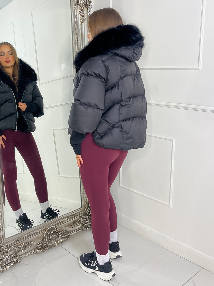Hooded Puffer Coat With Faux Fur Trim - Black