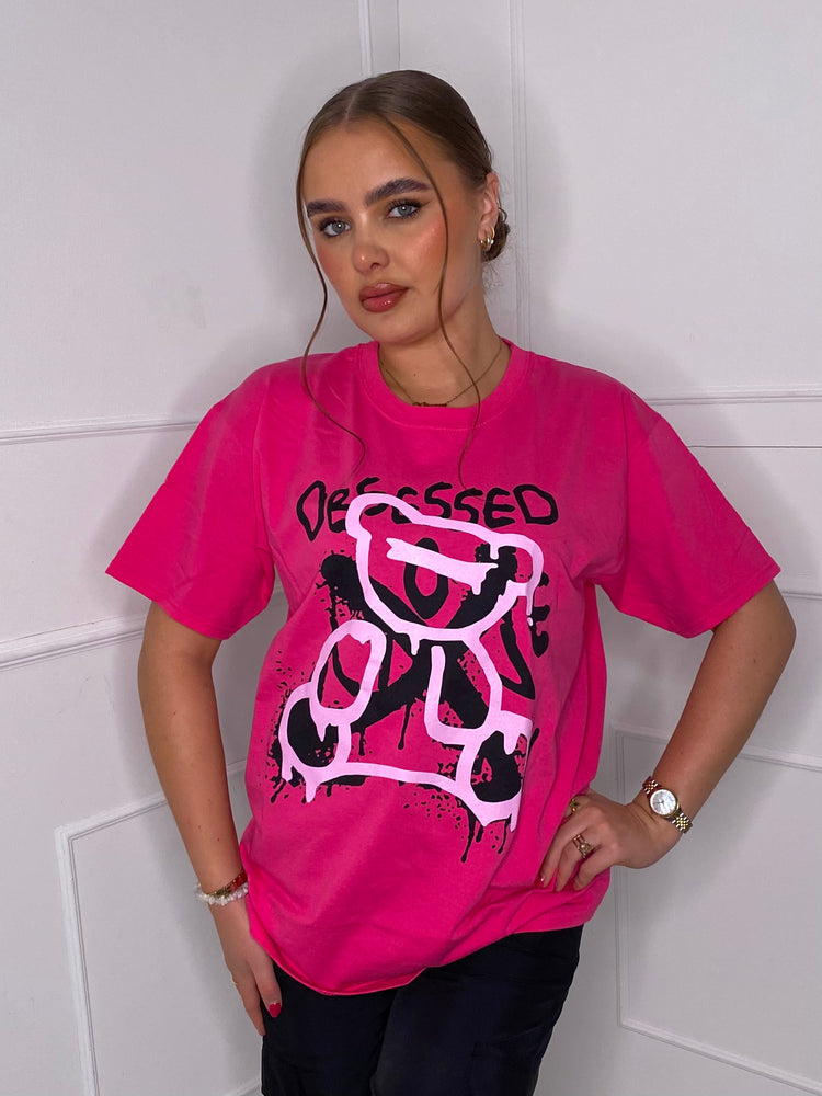 Obsessed Teddy Print T-shirt - Hot Pink