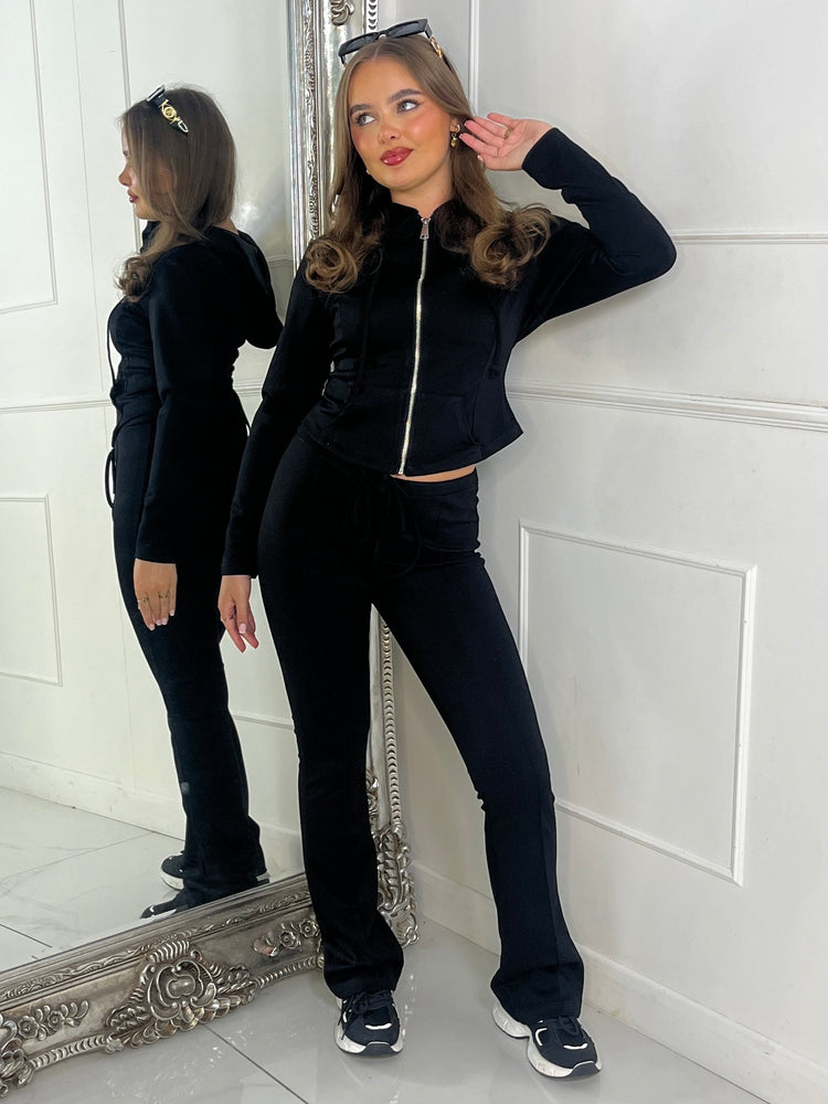 Tie Up Corset Detail Back Hoodie & Seam Detail Flared Pants - Black