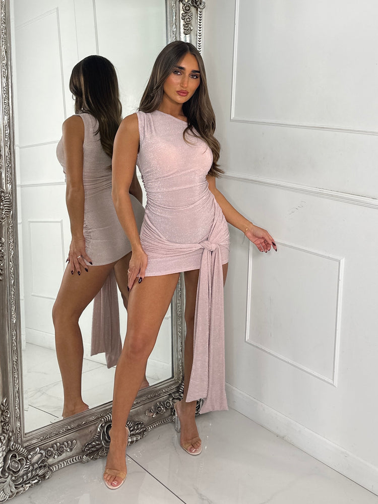 Off Shoulder Ruched Side Tie Drape Glitter Dress - Baby Pink