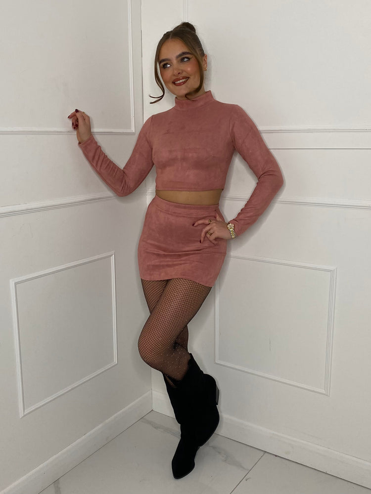 Suede High Neck Skirt Co-ord - Dusty Pink
