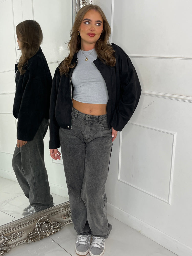 Suede Collared Oversized Bomber Jacket - Black