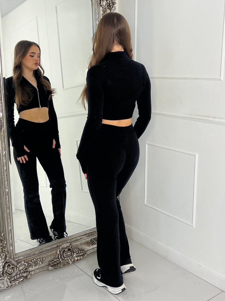 Zip Up Flared Ribbed Loungeset - Black