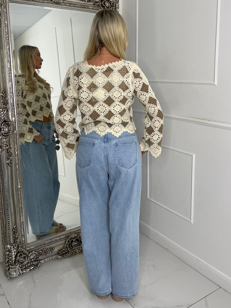 Multi Colour Contrast Crochet Top - Beige Two Tone