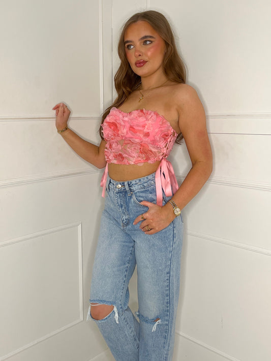 Floral Ribbon Strapless Top - Baby Pink