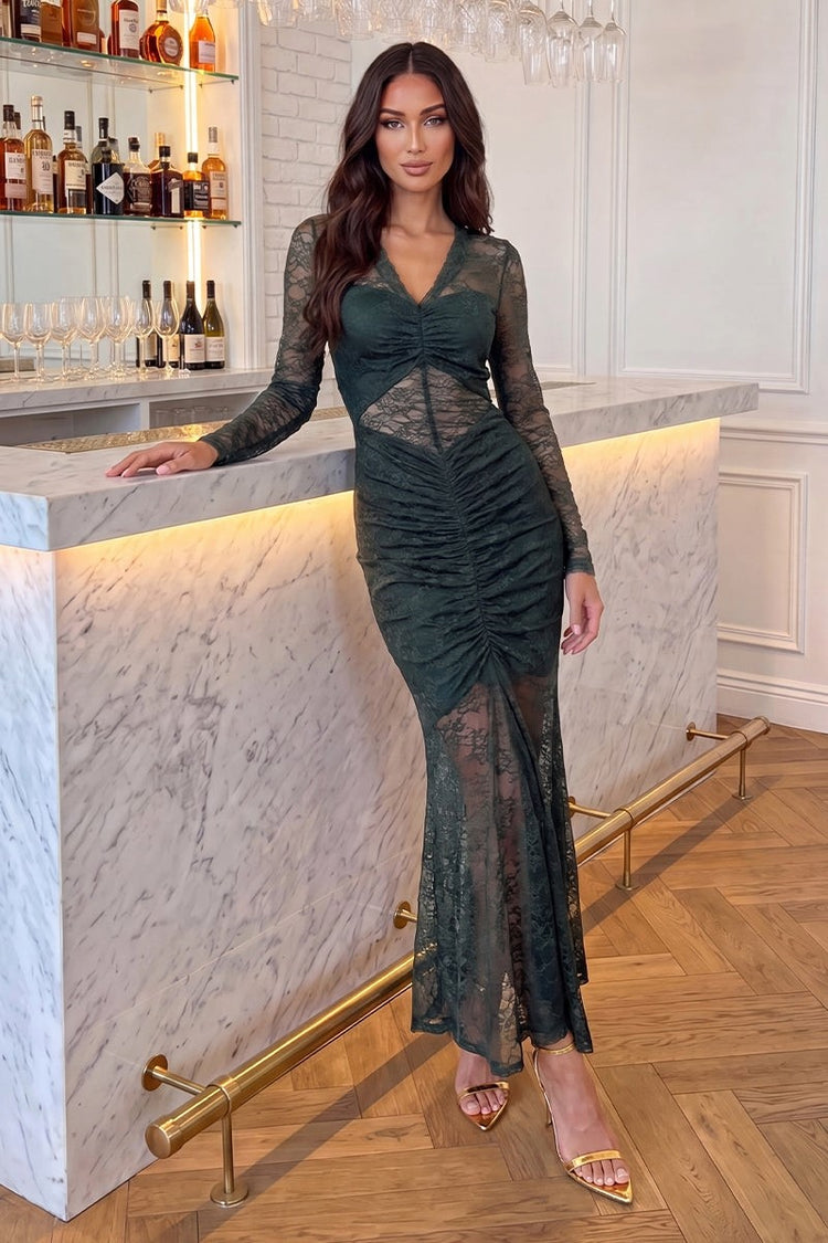 Teal Lace Overlay Ruched Midi Dress
