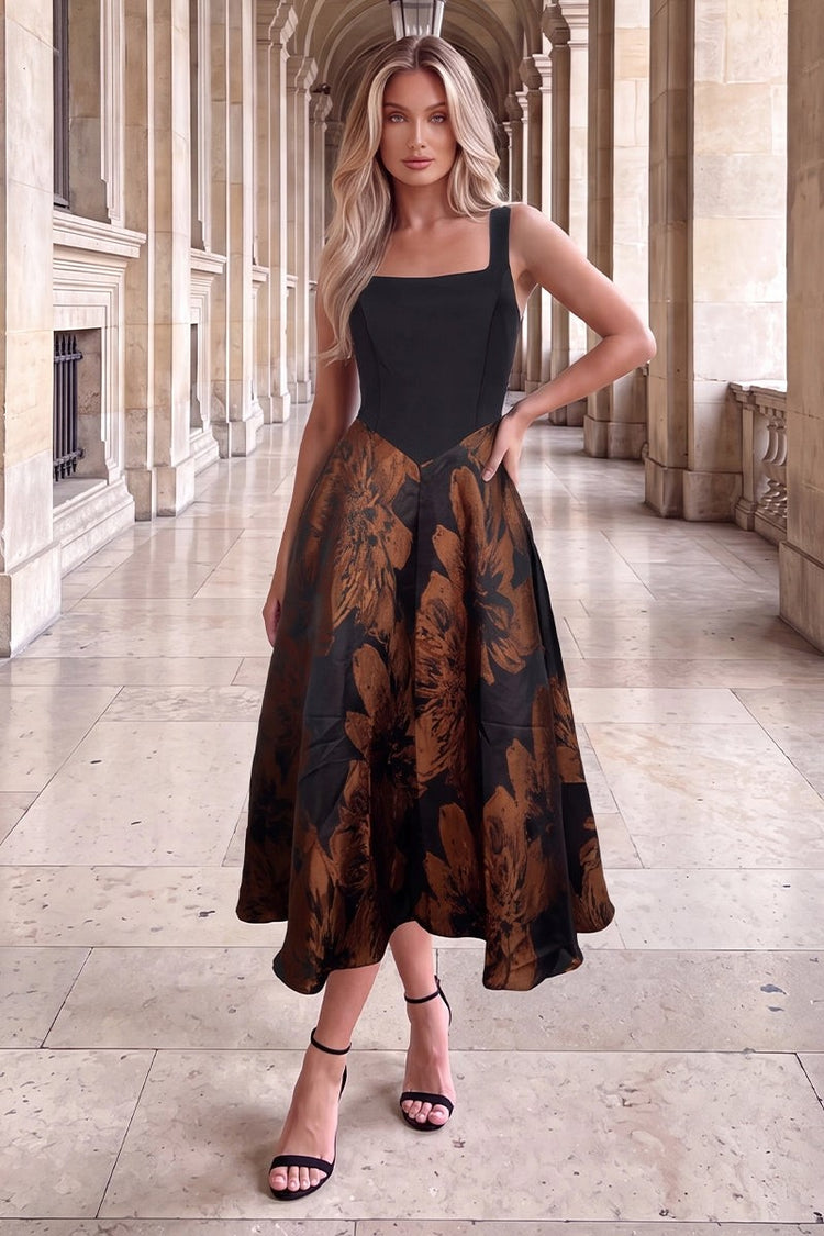 Black Floral Jacquard A-Line Midi Dress