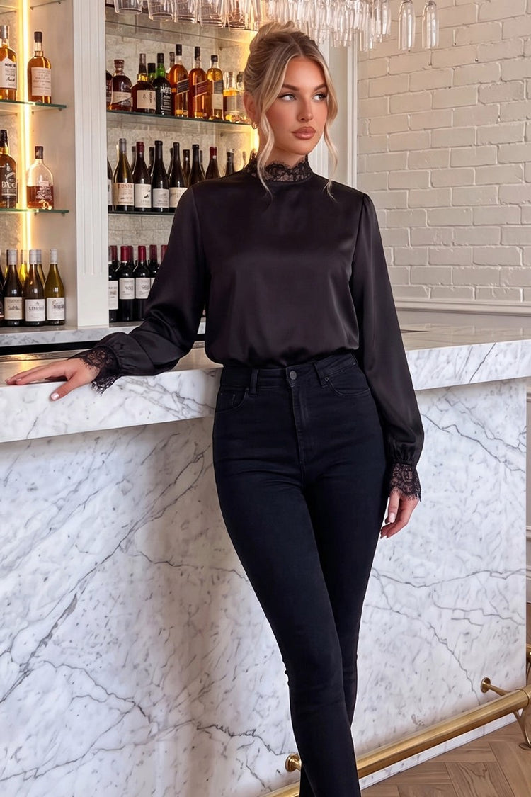 Black High Neck Lace Trim Blouse
