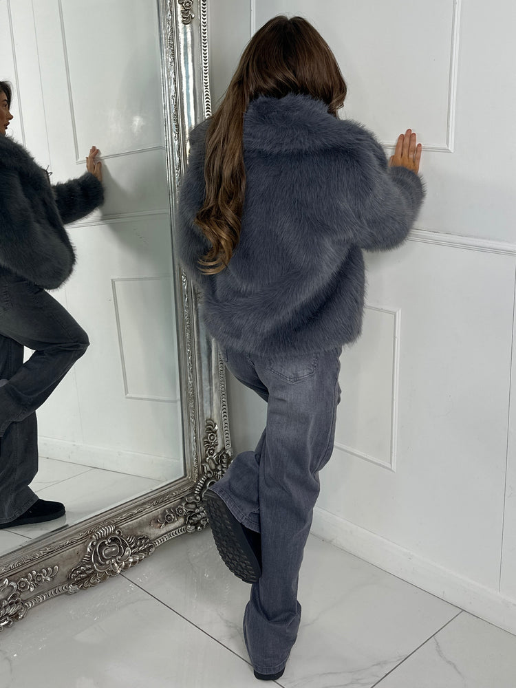 Oversized Collar Faux Fur Coat - Grey