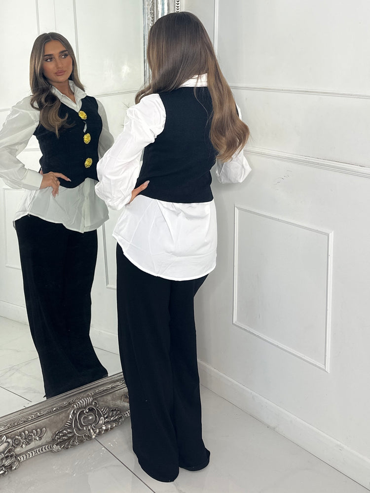 3 Piece Knitted Waistcoat & Shirt Set - Black