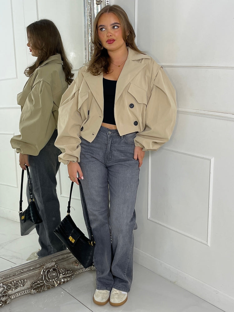 Crop Balloon Sleeve Trench Jacket - Beige
