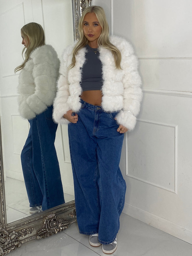 Tiered Faux Fur Round Neck Jacket - White