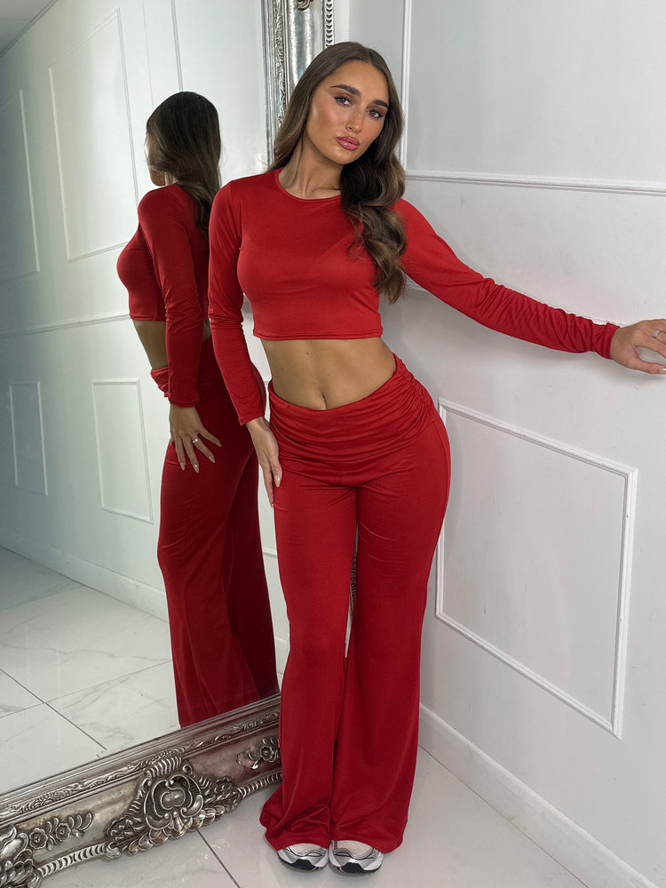 Long Sleeve Top & Fold Over Flared Co-ord - Red