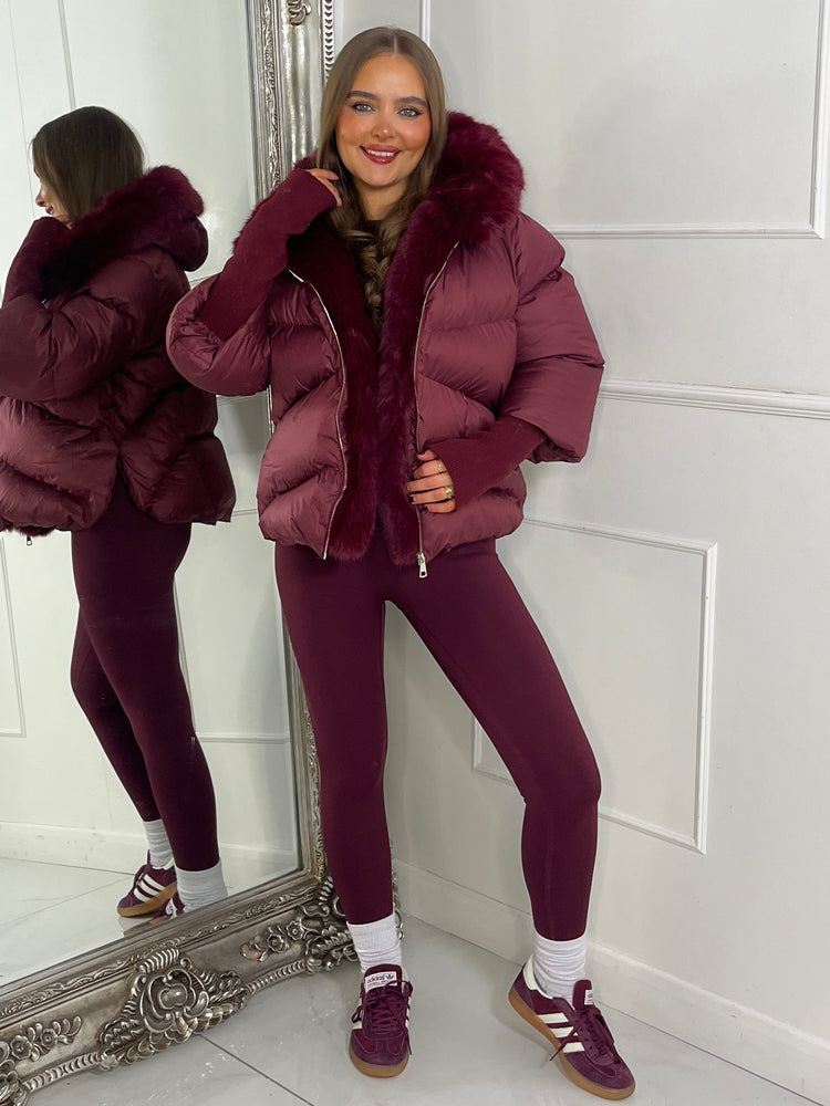Hooded Puffer Coat With Faux Fur Trim - Wine