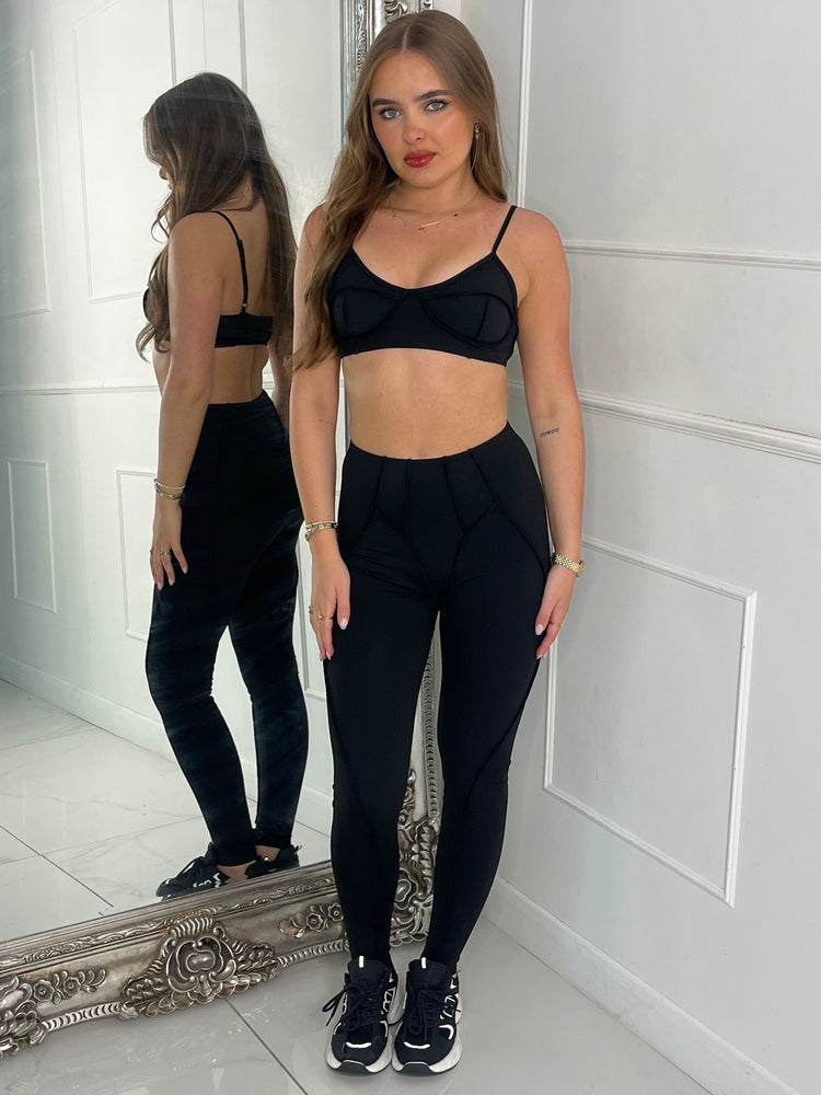 Seam Detail Bra & Leggings Set- Black