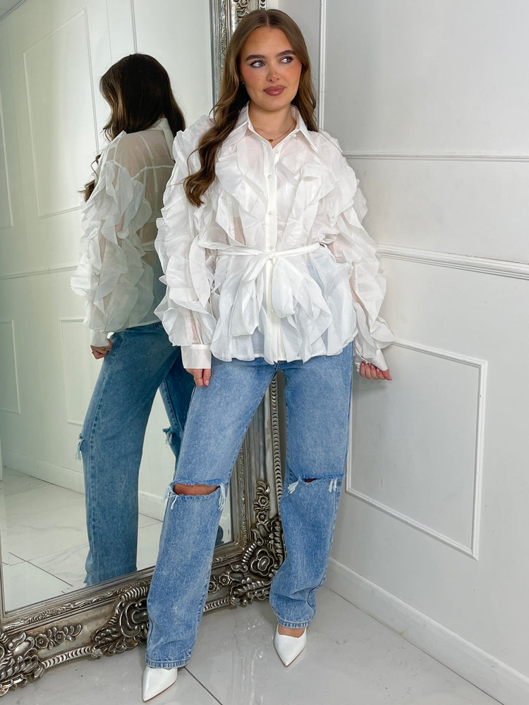 Belted Ruffle Detail Mesh Shirt - White