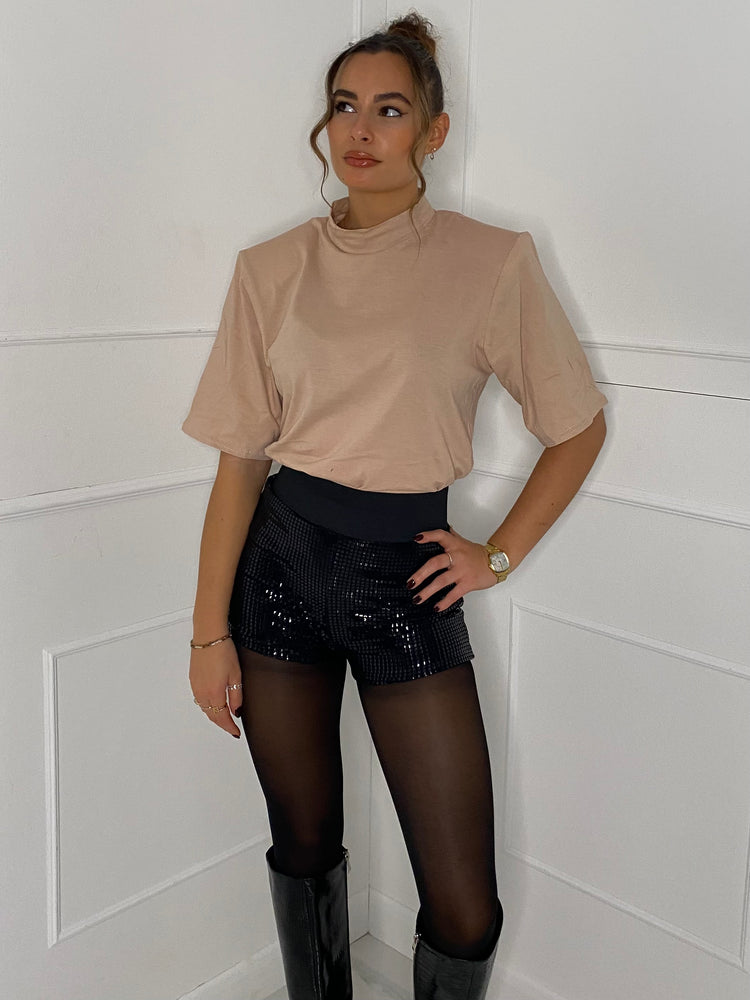 Padded Shoulder Long T-shirt - Beige