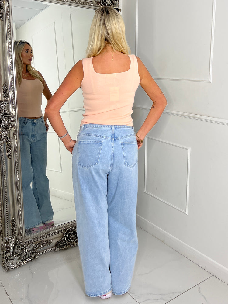 Square Neck Strap Detail Vest top - Peachy Pink