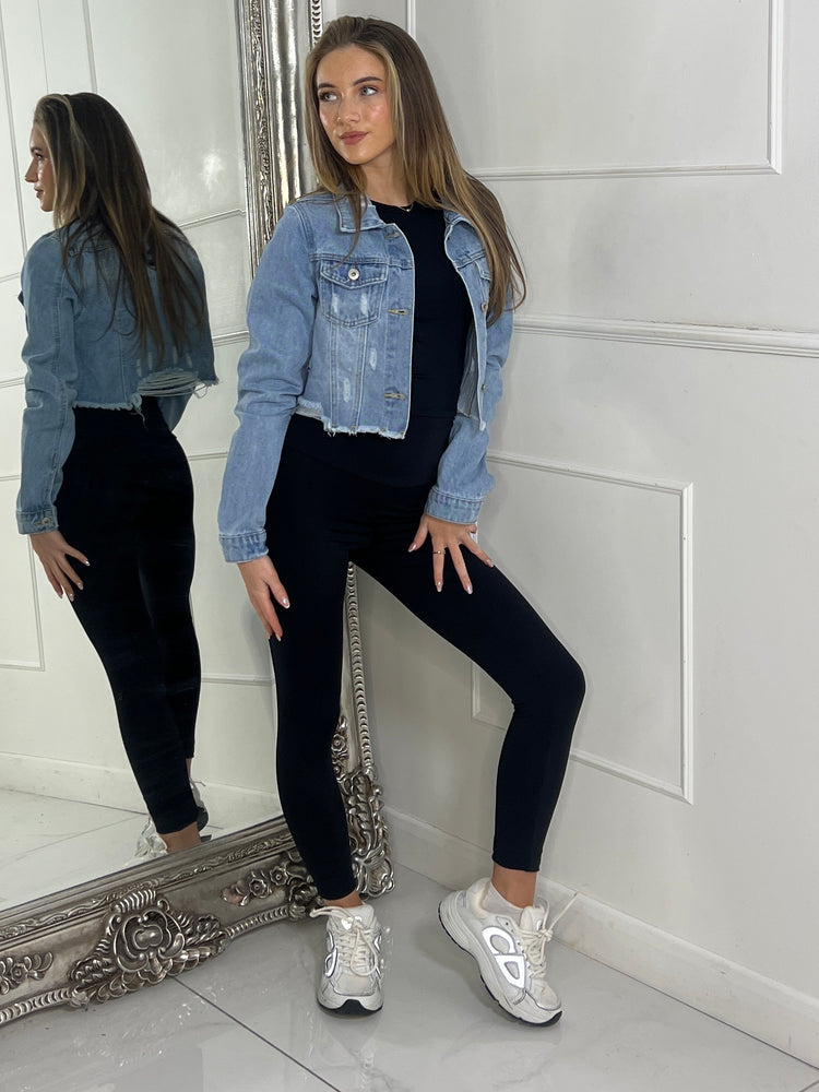 Cropped Distressed Denim Jacket - Light Blue