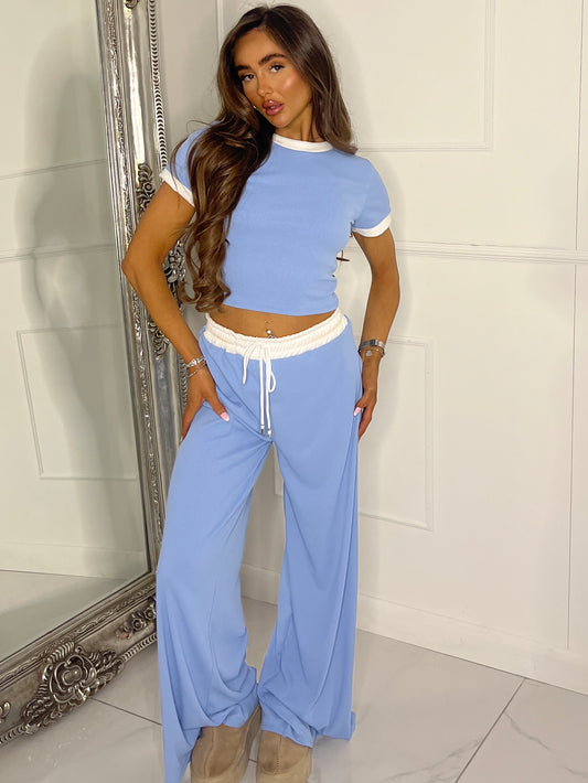 White Trim Detail Heavy Rib Top & Flares Loungesuit - Baby Blue