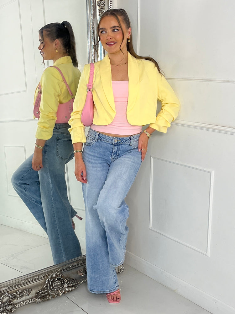 Cropped Ruched Sleeve Blazer - Yellow