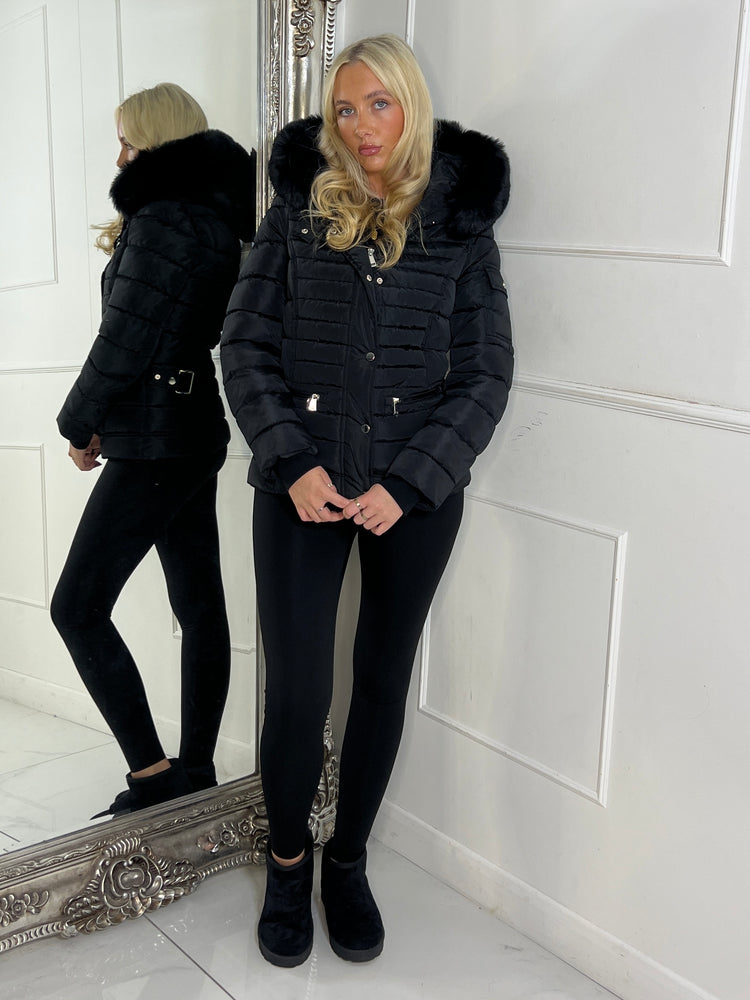 Padded Pocket Detail Faux Fur Hooded Jacket - Black