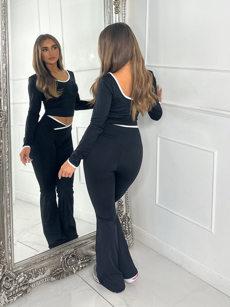 Crossover Ruched Bum Flares & Line Detail Long Sleeved Top - Black