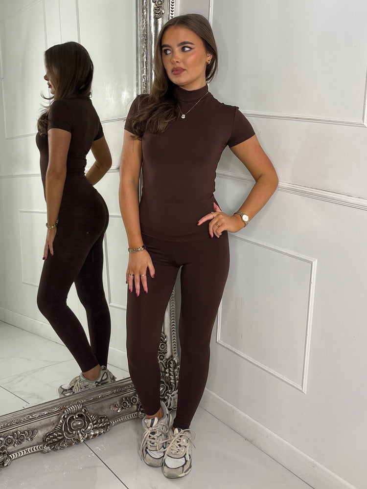 High Neck Second Skin Top & Sculpt Panel Leggings - Brown