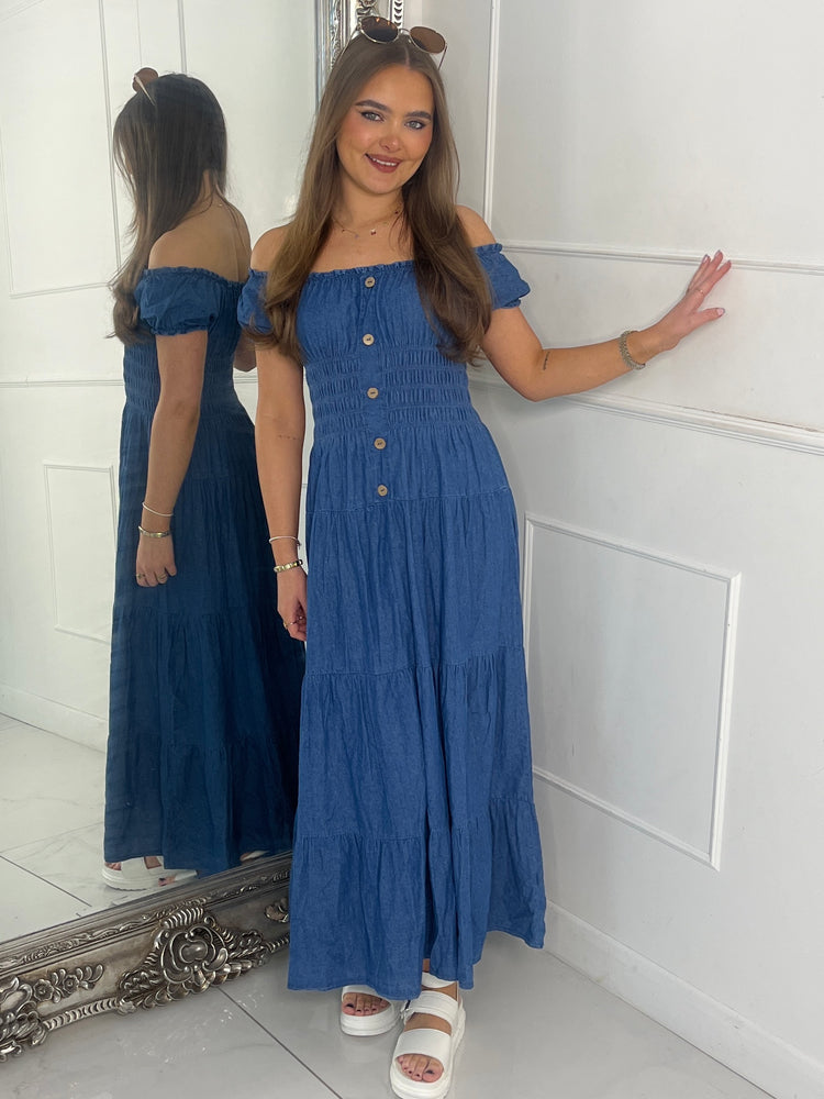 Button Detail Denim Maxi Dress - Blue