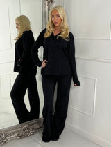 Lurex Glitter Oversized Shirt & Wide Leg Pants Co-Ord - Black