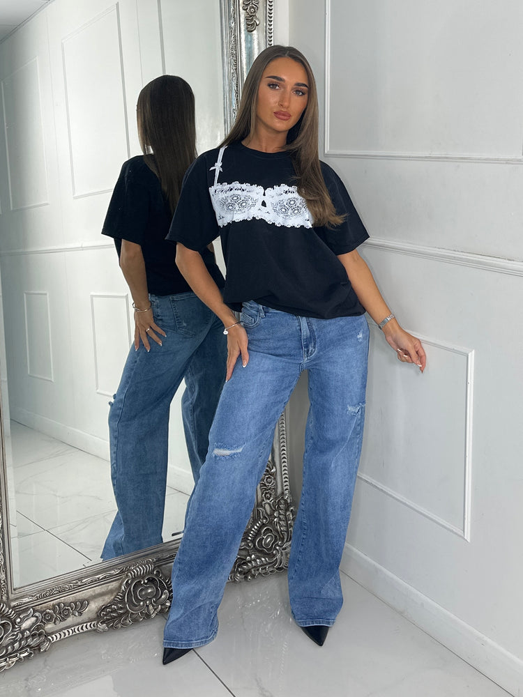 White Bra Print Oversized T-shirt - Black