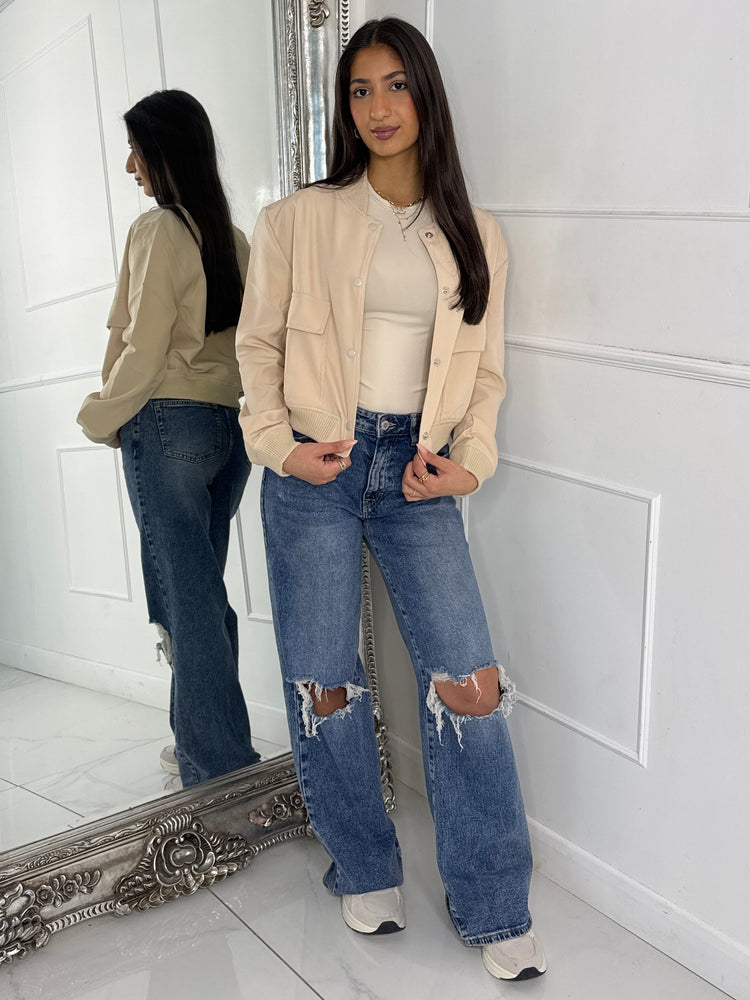 Cropped Pocket Detail Bomber Jacket - Cream