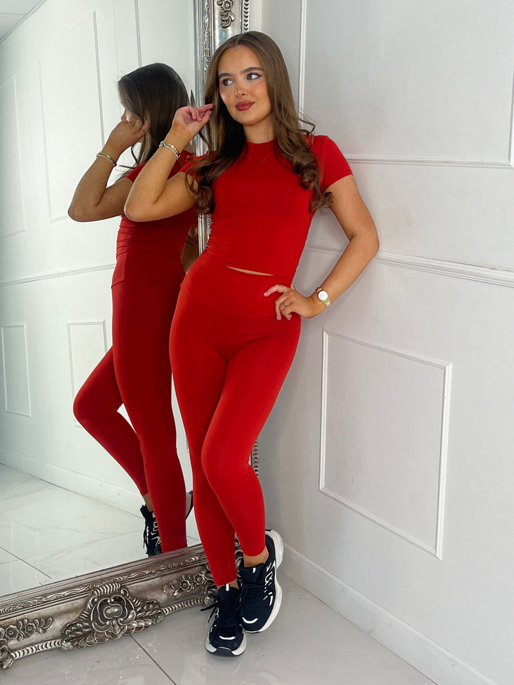 Round Neck Short Sleeve Second Skin Top & Sculpt Panel Leggings - Red