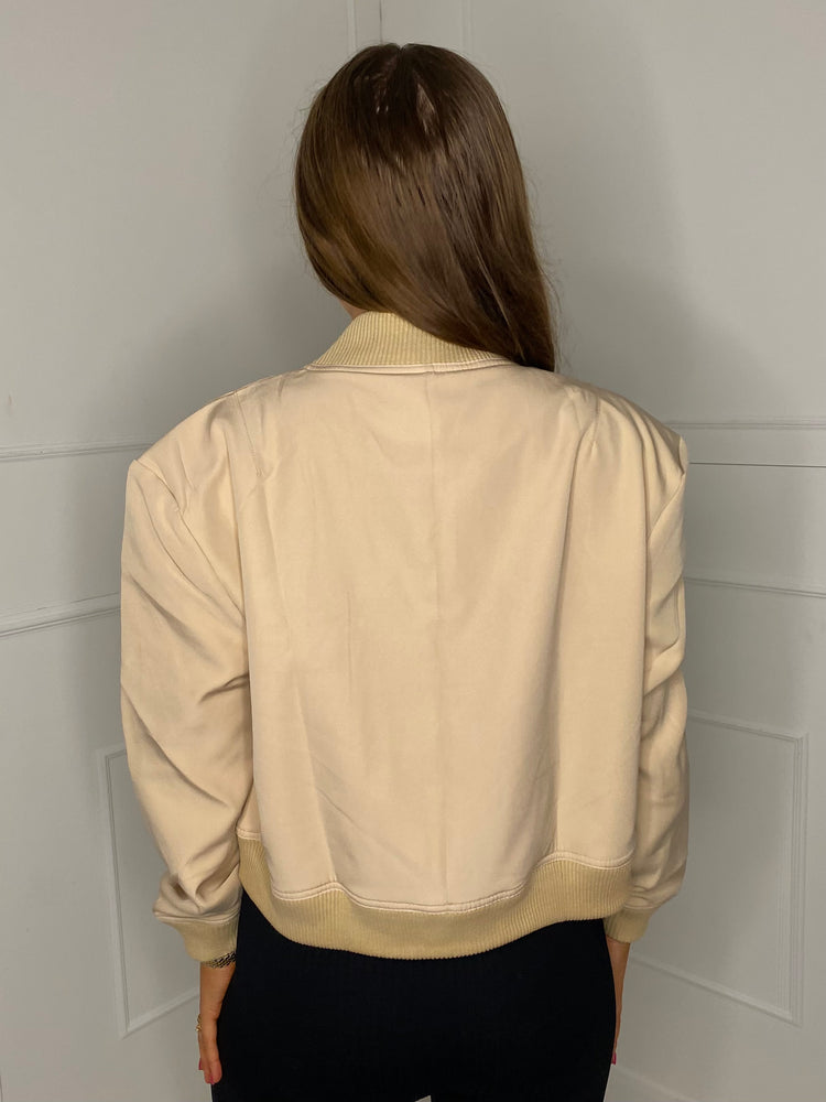Cropped Pocket Detail Bomber Jacket -Beige
