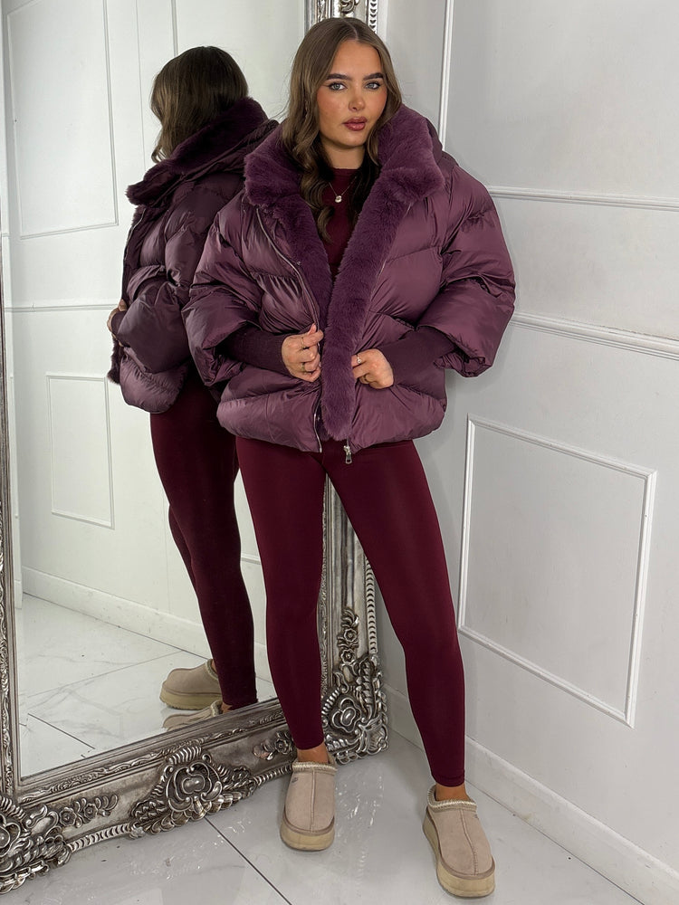 Hooded Puffer Coat With Faux Fur Trim - Wine