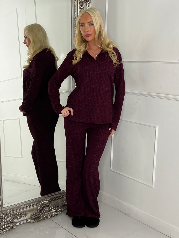 Lurex Glitter Oversized Shirt & Wide Leg Pants Co-Ord - Wine