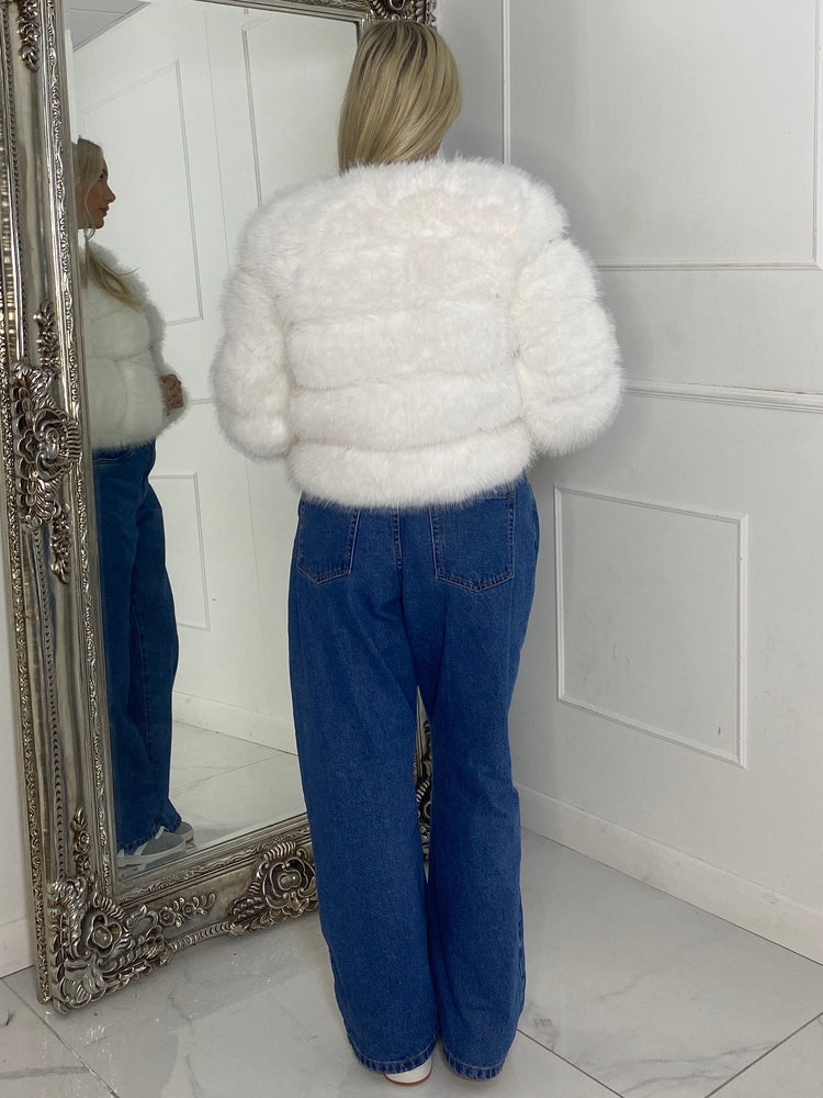 Tiered Faux Fur Round Neck Jacket - White